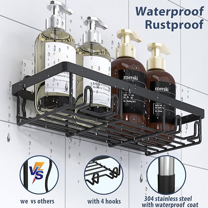 5 Pack Shower Caddy Organizer Rack Shelf for Inside Shower, Adhesive Bathroom Wall Storage Basket Rustproof Stainless Steel Shampoo Holder, Bathroom Accessory Decor Set, Black.