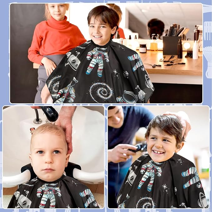FEBSNOW Kids Hair Cutting Cape,Professional Kids Barber Cape and Neck Duster Brush Cartoon Hairdresser Apron with Adjustable Closure for Children Salon Barber Supplies(Astronaut Space Travel)
