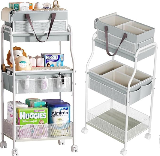 2In1 Baby Diaper Caddy & 3-Tier Rolling Diaper Cart, Diaper Caddy Organizer Cart with Dividers & 12 Pockets, Nursery Bedside Caddy Utility Cart for Baby Clothes & Dresser Baby Bottle,Baby Essential