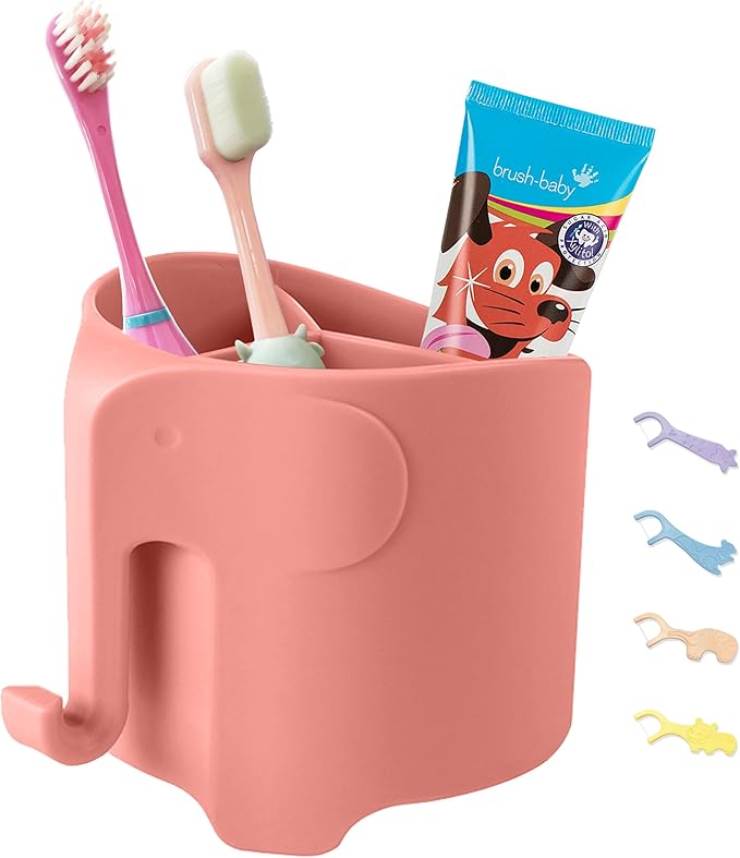 Kids Toothbrush Holder, Cute Elephant Toothbrush Holders for Toddler, Toothbrush Toothpaste Holder for Bathroom, Toothbrush Organizer with 3 Slots and a Hook, Watermelon Red
