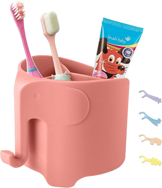 Kids Toothbrush Holder, Cute Elephant Toothbrush Holders for Toddler, Toothbrush Toothpaste Holder for Bathroom, Toothbrush Organizer with 3 Slots and a Hook, Watermelon Red
