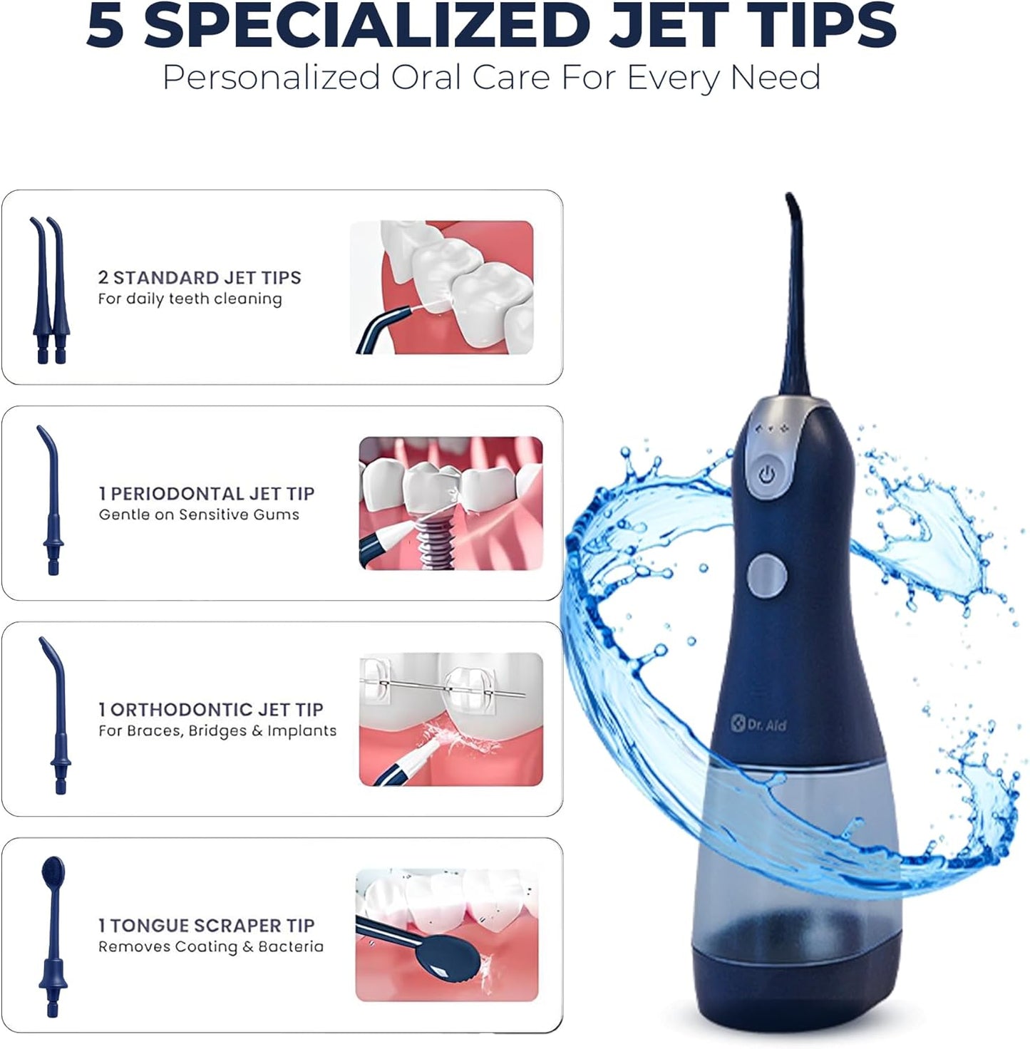 Dr. Aid Dental Water Flosser – Portable Oral Irrigator – 11Oz Tank, Water Filter, 5 Tips, Magnetic Charger – IPX8 Waterproof Cordless Water Flosser, Ideal Water Flossers for Teeth, Gums (Dark Blue)
