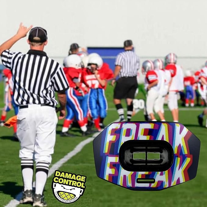 DAMAGE CONTROL Youth Football Mouth Guard – Breathable No Boil Mouthpiece, Protects Lips & Teeth, Works with Braces, Includes Helmet Strap – Sports Gear & Accessories (Freak)