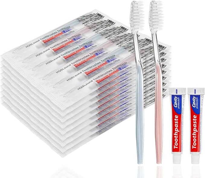 100 pcs Disposable Toothbrushes with Toothpaste, 2 Color Toothbrushes and Toothpaste 10g, Bulk for Homeless, Airbnb, Hotel