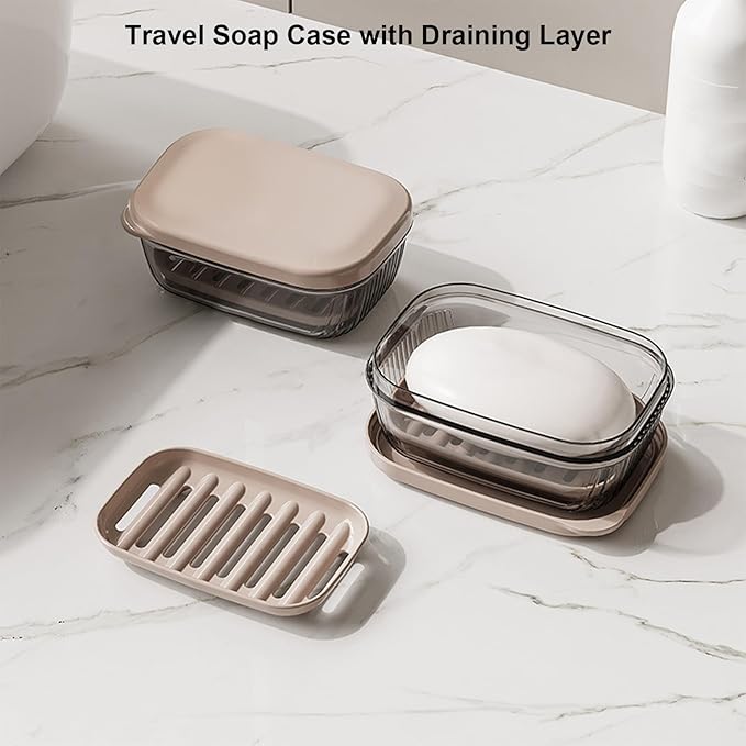 2Pcs Toothbrush Travel Case & Travel Soap Holder Dish Tray, Portable Clear Toothbrush Holders with Cover Leakproof Bar Soap Holder for Traveling School Camping Business Trip Bathroom