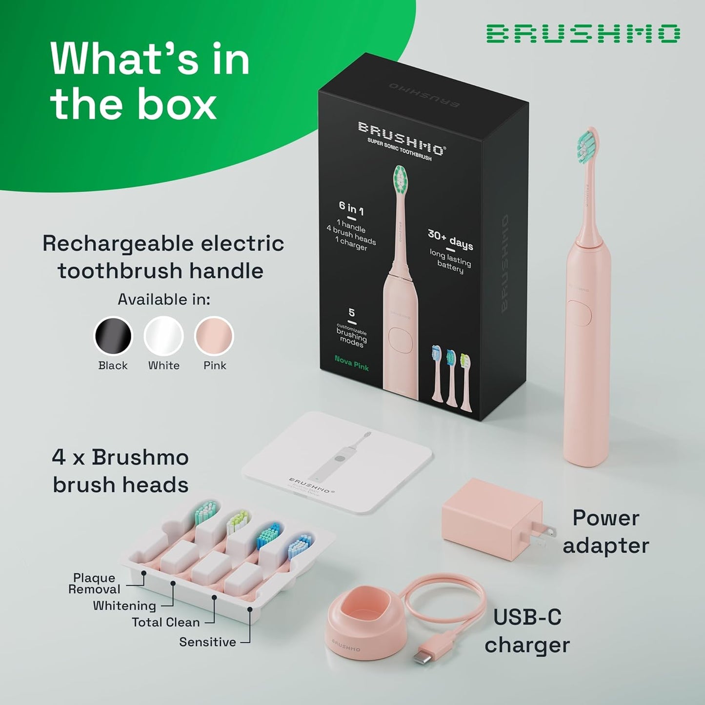 Brushmo Super Sonic Electric Toothbrush with 4 Replacement Heads - Rechargeable Electronic Tooth Brush for Adults with 5 Customizable Modes - IPX7 Waterproof & Long-Lasting Battery – Nova Pink