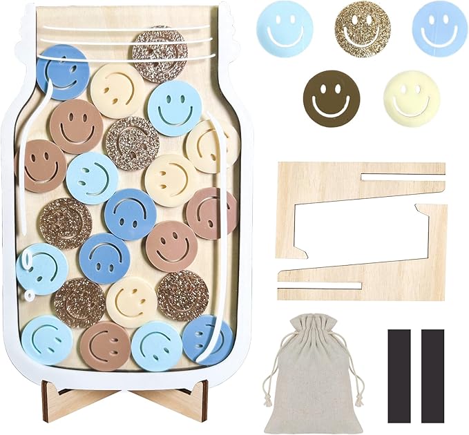 Reward Jar for Kids – Magnetic Wooden Behavior Chart and Incentive Jar with 25 Tokens, Stickers, Stand & Magnet – Positive Reinforcement Tool for Home, Toddlers or Classroom (Smiley – V1)
