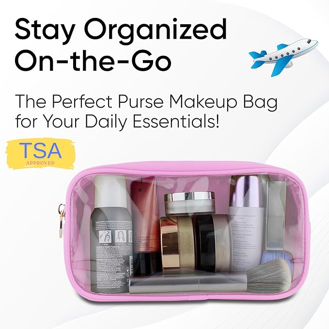 Small Clear Makeup Bag – Mini Cosmetic Pouch for Purse, Light Pink Travel Bag, Compact Clear Pouch for Cosmetics, Mini Purse Organizer