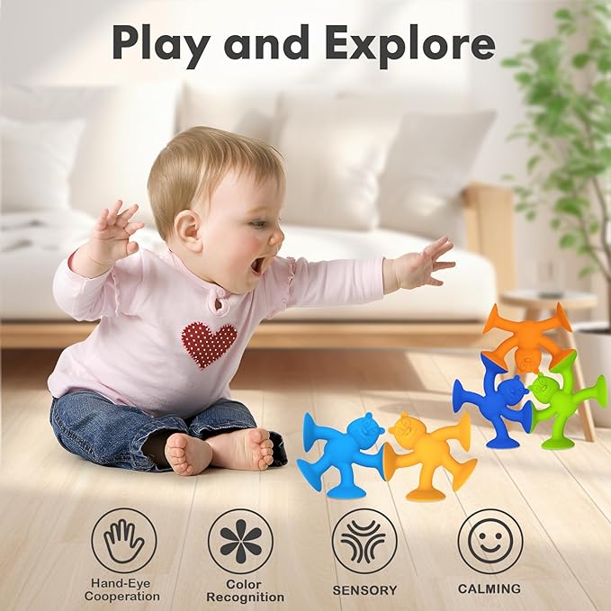 6 PCS Suction Cup Toys, No Hole Baby Bath Toys Suction Toy - Connect, Build, Create - Toddler Bath Toys for Kids Ages 1-3, Silicone Sensory Fidget Toys for Baby Tray Window Travel