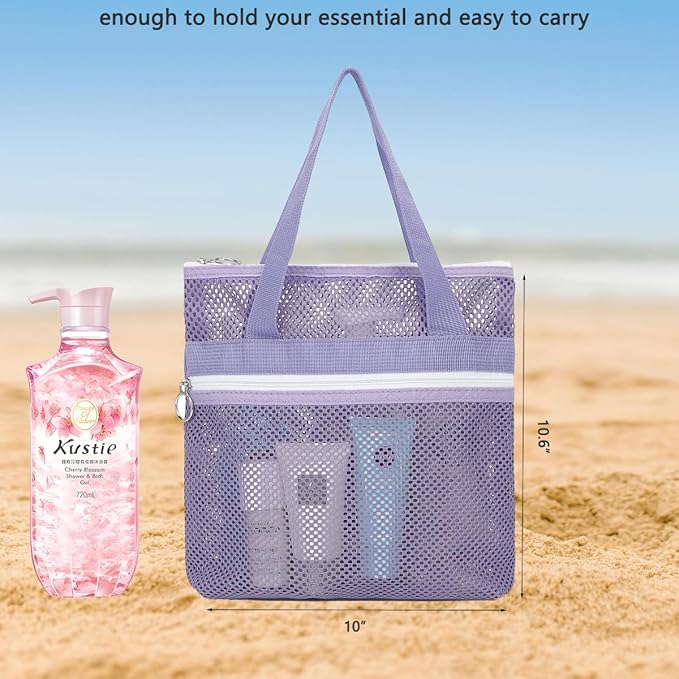 Mesh Shower Caddy Portable Shower Bag for Travel, Gym, Camping – Quick-Dry Hanging Toiletry Organizer with Zipper Pockets for Bathroom Essentials,Purple