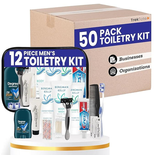 Trektote Bulk Hygiene Kit For Men – (50 Pack) 12 Piece Set Of Travel Size Toiletries, TSA Compliant, Bulk Travel Essentials, Includes Shampoo And Conditioner, Body Wash, Toiletry Bag & More