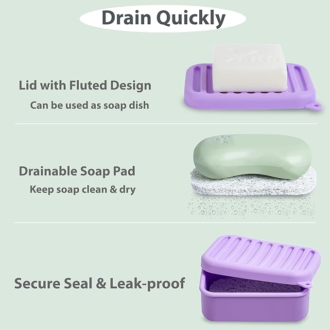 Portable Leakproof Travel Soap Case, Silicone Travel Soap Case, Compact Soap Holder with Drainage Layer, Travel Soap Holder for Camping, Gym, Outdoor (Light-Purple)
