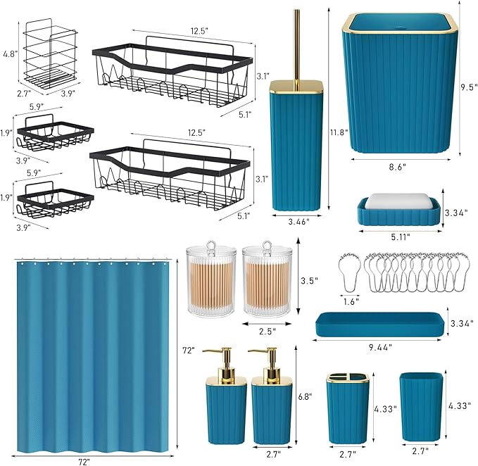 28PC Bathroom Accessories Set - Gorgeous Teal Bathroom Set with Shower Caddy and Shower Curtain, Bathroom Accessory Set, Soap Dish & Trash Can
