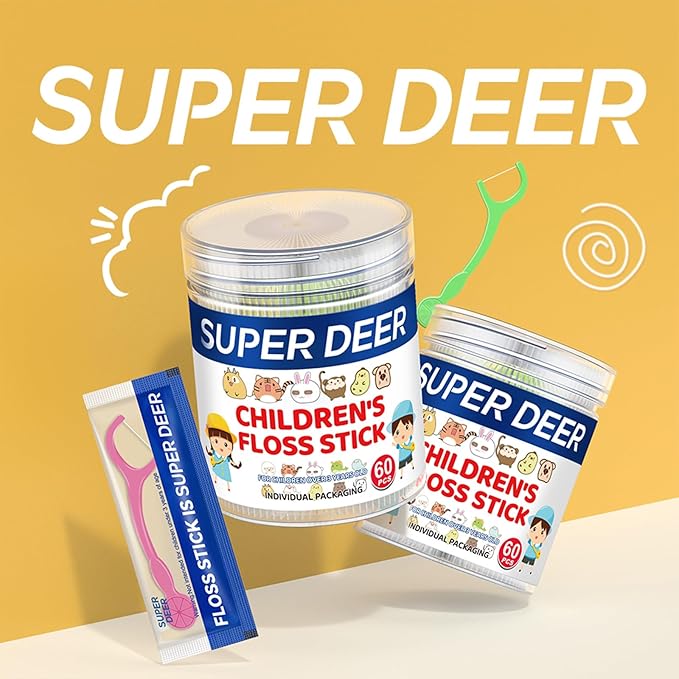 Super Deer Children's Dental Floss Sticks,120 Count, Individually Packaged, Ages 3+, Shred Resistant, Perfect for School, Travel & Playdates