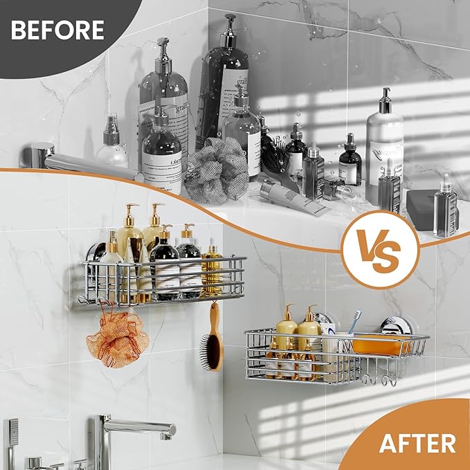 LEVERLOC Shower Caddy Suction Cup, 2 Pack Heavy Duty Bathroom Organizer for Inside Shower with Hooks & Soap holder, Removable and Rustproof Silver bathroom Holder Storage