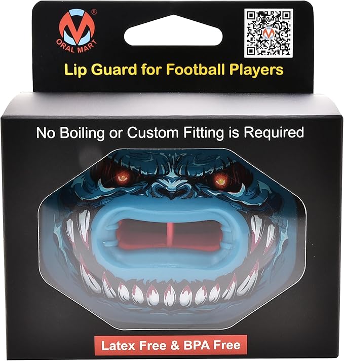 Oral Mart Flag Football Mouth Guard with 3D LipFit Design for Kids - Youth Tackle Football Mouthguard (No Boil) Cool Instant Fit Lip Guard Mouthpiece for Braces (Detachable Helmet Strap Included)