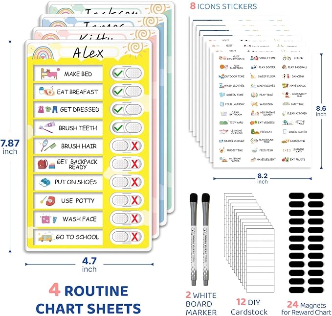 4 in 1 Namable Chore Chart for Kids, Dry Erase Morning/Bedtime Routine Chart for Kids for Refrigerator, Magnetic Visual Schedule for Kids Toddlers to Do List Checklist for Multiple Kids