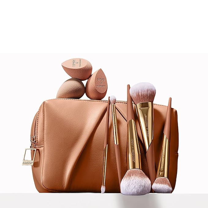 IPSY x PANTONE™ Limited Edition Mocha Mousse-Inspired Beauty Bundle - Makeup Brush Set, Sponges, and Bag – 5 Pro Brushes, 3 Blending Sponges & Soft Vegan Leather Cosmetic Bag
