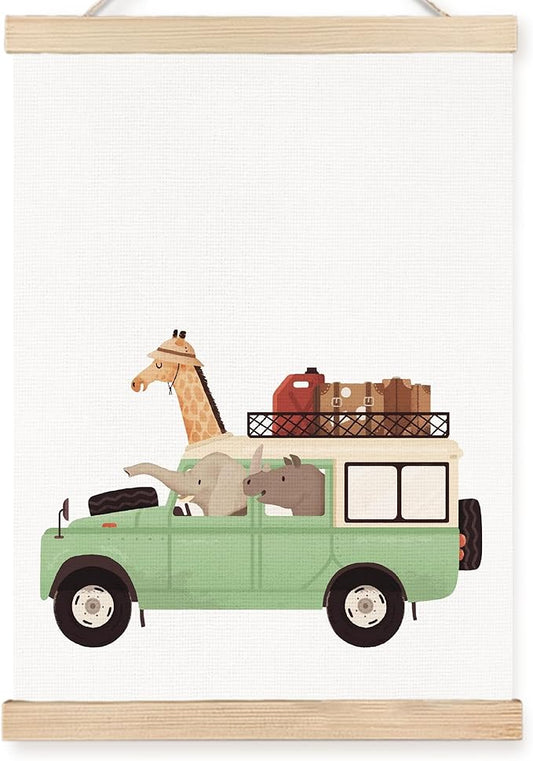 FDHSPAAM Funny Car Animal Nursery Wall Art Decor, Kids Room Decor, Whimsical Giraffe Elephant Rhinoceros Animal Travel Wall Art Posters for Nursery Home Kids Bedroom, 12x16 Inch