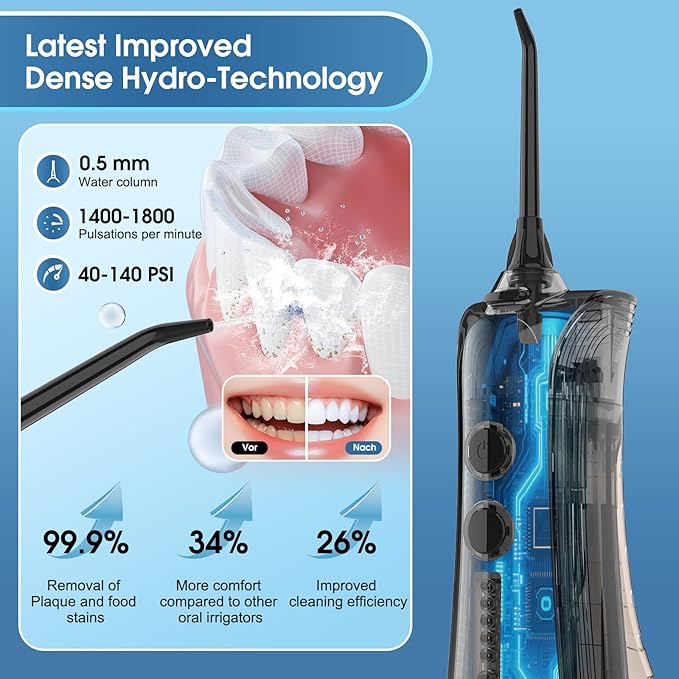 Leominor Water Dental Flosser - 5 Modes Cordless Portable Oral Irrigator, IPX7 Waterproof, Rechargeable Teeth Cleaner Upgrade Datchable Tank Professional Flossing Cleaning Pick for Home Travel (Black)