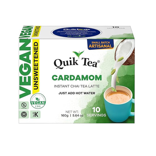 QuikTea Vegan Cardamom Unsweetened Chai Tea Latte – 10 Count, Bold Cardamom Flavor, Naturally Caffeine-Light, no preservatives, No Sugar Added – Just Add Hot Water
