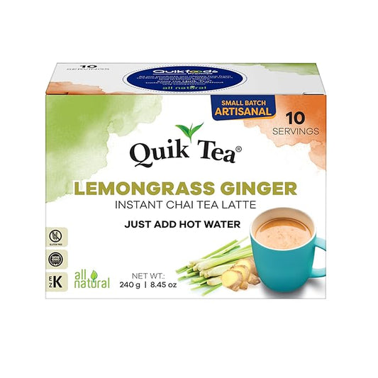 Quik Tea Lemongrass Ginger Instant Chai Tea Latte - 10 Count Single Box - All Natural Digestion Tea | Just add hot water