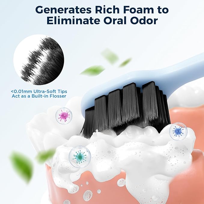 Morning Freshness Extra Soft Bristle Toothbrush with Charcoal & Silver Ions, 10000+ Ultra Soft Bristles for Sensitive Gums, Wide Head Soft Toothbrushes for Adults, Pregnant, Elderly, Braces (6 Pack)