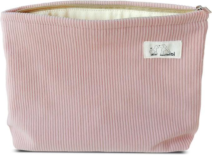 HAPPYHEIDI Large Corduroy Makeup Bag Compartment Cosmetic Toiletry Travel Accessory Pouch Purse Organizer, Soft Creamy Pink