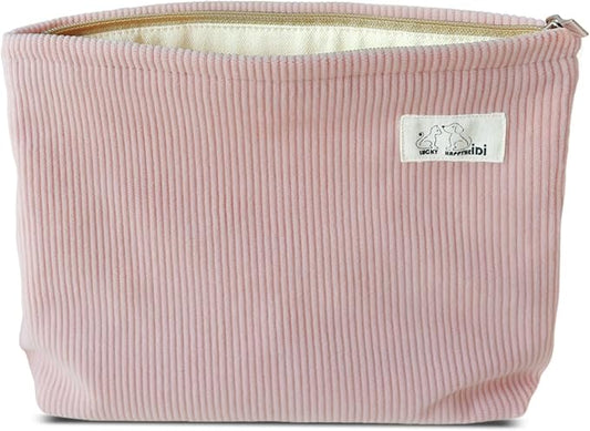 HAPPYHEIDI Large Corduroy Makeup Bag Compartment Cosmetic Toiletry Travel Accessory Pouch Purse Organizer, Soft Creamy Pink