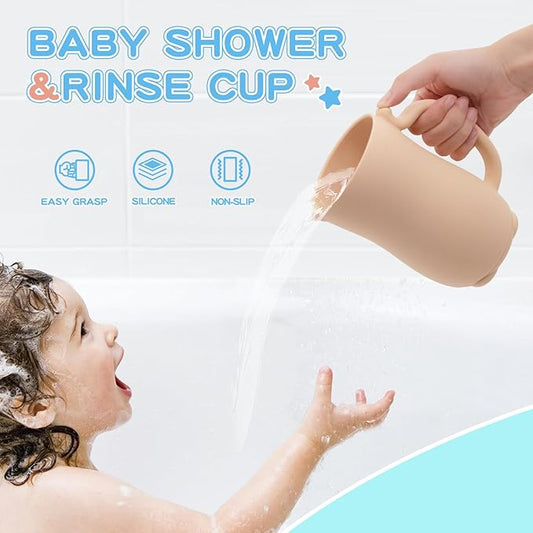 Mandoo Baby Bath Rinse Cup - Food Grade Silicone Shampoo & Body Washing Rinser for Kids With Easy Grip Handle - Baby Essentials (Khaki)
