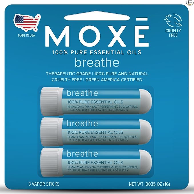 MOXE Breathe | Himalayan Salt Inhaler | Help Clear Congestion, Boost Focus and Improve Breathing | Natural Aromatherapy | Peppermint, Lavender and Tee Tree Essential Oil (3 Pack)