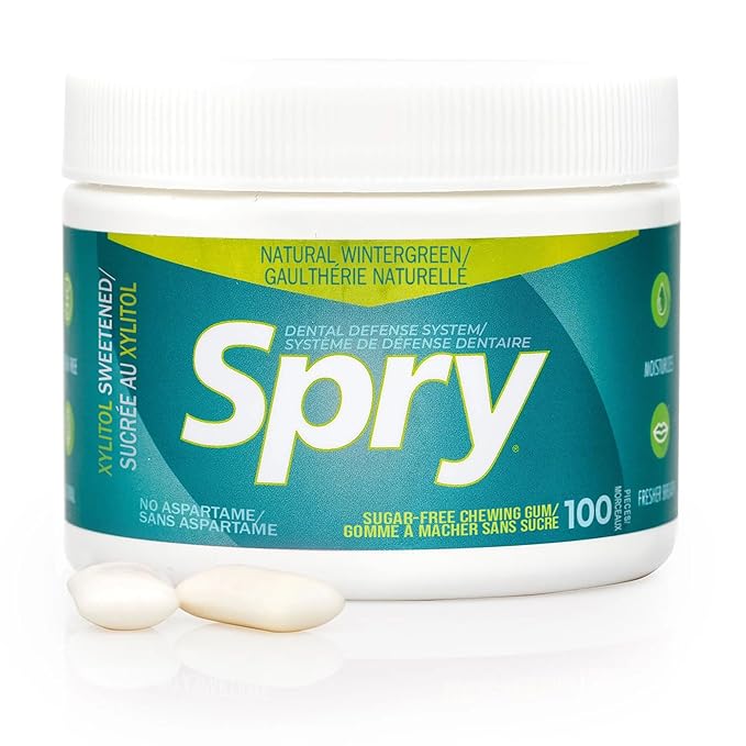Spry Fresh Natural Xylitol Chewing Gum Dental Defense System - Aspartame-Free, Sugar-Free, Non-GMO, Gluten-Free (Wintergreen, 100-Count, Pack of 2)
