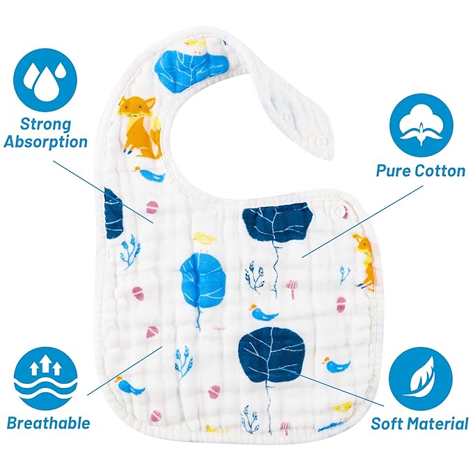 Zainpe 6Pcs Snap Muslin Cotton Baby Bibs Dinosaur Star Bear Pattern Bib, Adjustable Burp Cloths with 6 Absorbent & Soft Layers for Infants Newborns Toddlers Drooling Feeding Teething