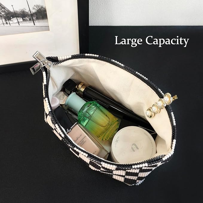 STARDW Corduroy Checkered Makeup Bag Cute Cosmetic Bags for Women Girls, Travel Toiletry Bag Large Capacity Zipper Makeup Pouch, Purse Organizer Pouches