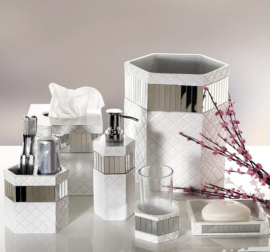 Creative Scents Quilted Mirror White Bathroom Accessories Set - Decorative 6 Piece Bathroom Set Includes: Trash Can, Tissue Box Cover, Soap Dispenser, Toothbrush Holder, Tumbler & Soap Dish