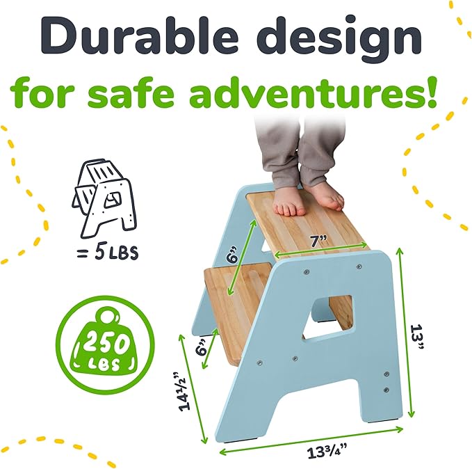 OCODILE 2-Step Wooden Step Stool for Toddlers | Kids Stool for Bathroom Sink & Kitchen Use | Non-Slip Step | Wooden Stool for Children Ages 2+ Years Blue