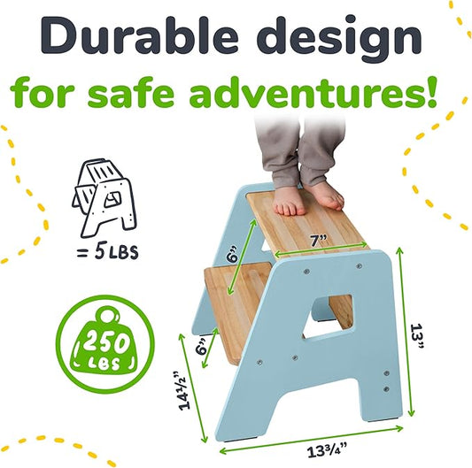 OCODILE 2-Step Wooden Step Stool for Toddlers | Kids Stool for Bathroom Sink & Kitchen Use | Non-Slip Step | Wooden Stool for Children Ages 2+ Years Blue