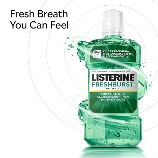 Listerine Freshburst Antiseptic Mouthwash for Bad Breath, Kills 99.9% of Bad Breath Germs & Fights Plaque & Gingivitis, ADA Accepted Mouthwash, Spearmint, Convenience Pack, 2 x 1 L