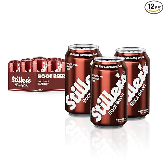 Stiller’s Root Beer Soda – 12 Pack Cans – Sparkling Root Beer Drink – Low Sugar, Caffeine-Free, Natural Soda Pop with Real Cane Sugar, Stevia & Vitamins – Alternative to Diet Soda