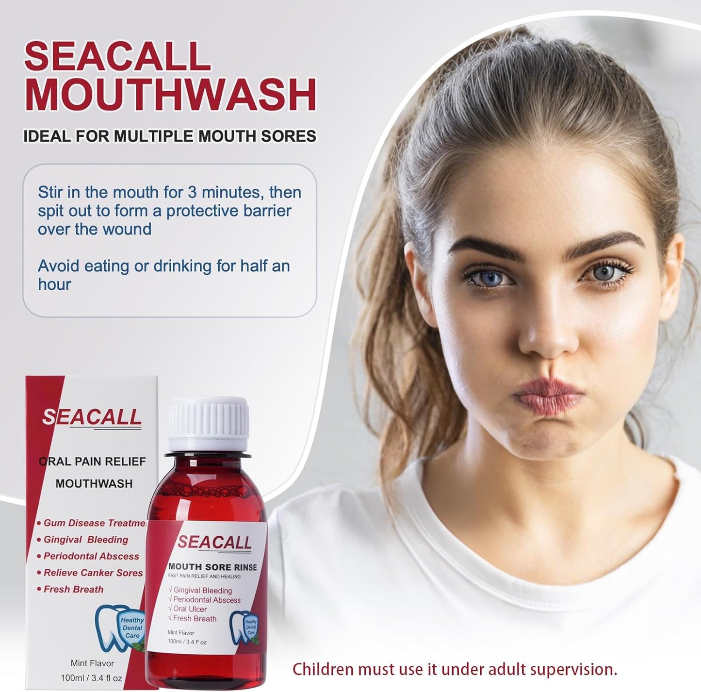 Oral Rinse Mouthwash - Mouth Rinse Help Canker Sores & Gingival Bleeding Treatment - Fresh Mild Mint (100ml/3.4 Fl oz)