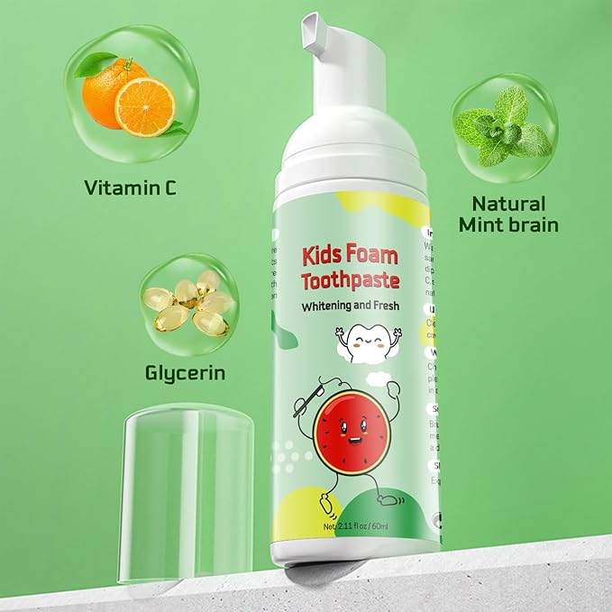 Foam Toothpaste Kids, Kids Foam Toothpaste, Toddler Toothpaste with Low Fluoride for U Shaped Toothbrush, Children Oral Cleaning for Ages 3 Plus (4PCS, Watermelon+Strawberry+Blueberry+Orange)