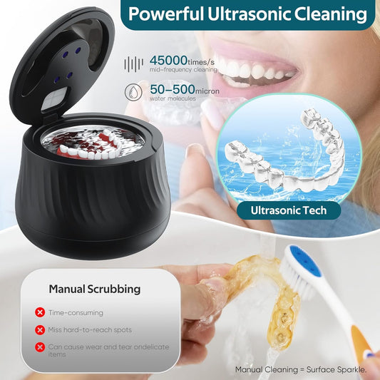 Ultrasonic Retainer Cleaner Machine- 45kHz Denture Cleaner, 200ML Dental Cleaning Pod for Aligners, Mouth Night Guards, Toothbrush Heads & Jewelry, 4 Cleaning Modes, Digital Timer, Black