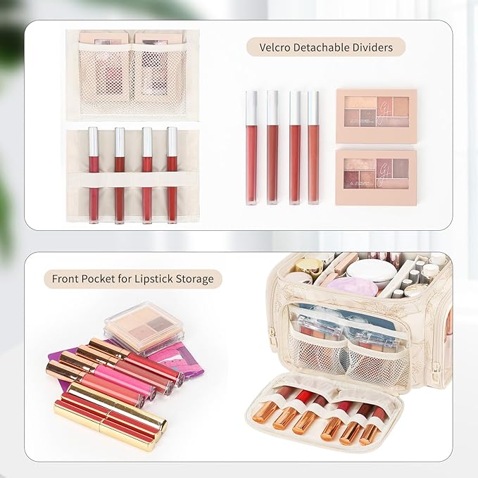 Large Makeup Bag, Portable Travel Makeup Bag Organizer for Women Girls with Makeup Brush Compartment & Two Side Pockets, Cosmetic Travel Bag Vertical Storage Toiletry - Beige