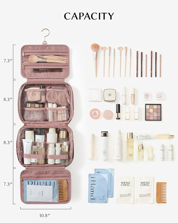 EACHY Travel Toiletry Bag with Hanging Hook, Portable Makeup Cosmetic Bags for Women, Water-Resistant Full-Size Travel Accessories (Pink)