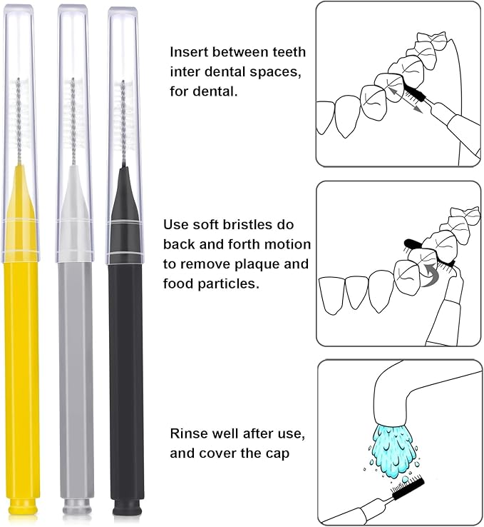 Patelai 100 Pieces Braces Brush for Cleaner Interdental Brush Toothpick Dental Tooth Flossing Head Oral Dental Hygiene Flosser Toothpick Cleaners Tooth Cleaning Tool (Black, Grey,Yellow,Various Sizes)