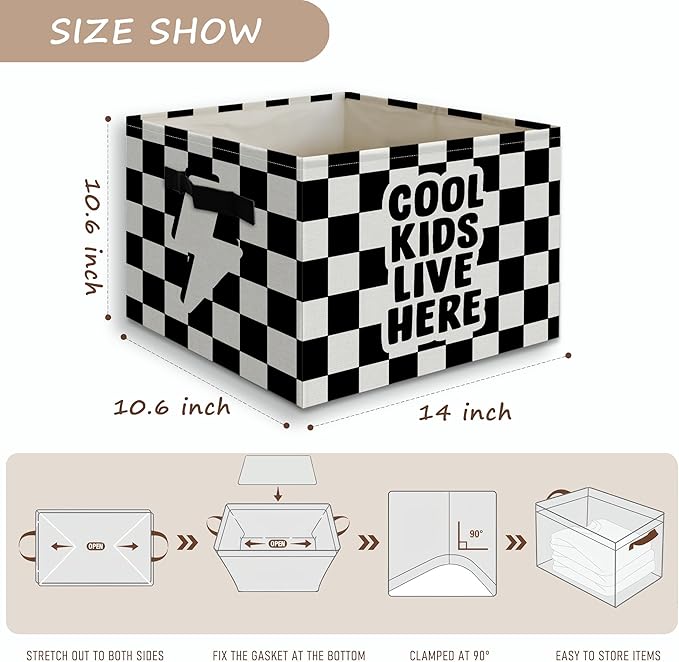 Cool Kids Live Here Boy Foldable Storage Bins Box with Handles, Black and White Checkered Collapsible Organizer Basket for Kids Boys Bedroom Bathroom Nursery Playroom Clothes Toys Books
