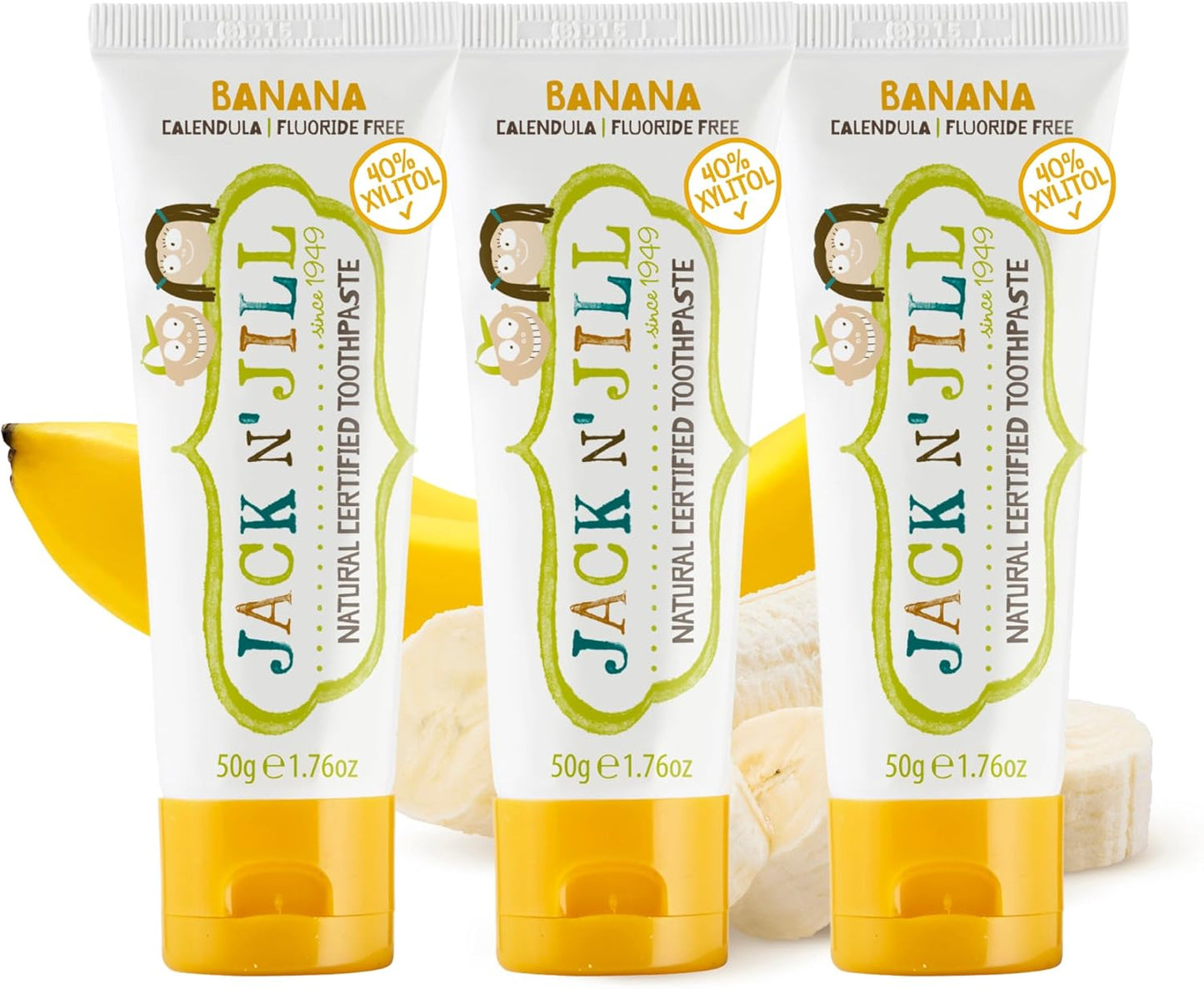Jack N' Jill Natural Toddler Toothpaste - Fluoride Free Training Toothpaste for Toddlers 1-3, 40% Xylitol, BPA Free - Banana, 1.76 oz (Pack of 3)