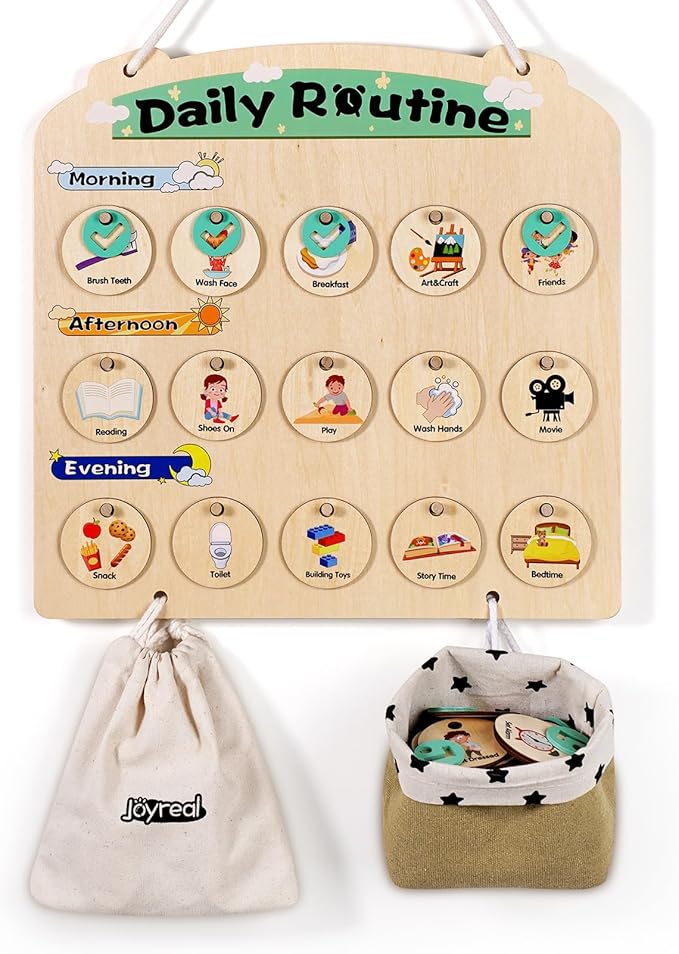 Wooden Visual Schedule for Kids 3-6 Year Old - Three Rows Hanging Daily Schedule Chart for Home & Classroom - Morning Bedtime Routine Chart Chore Reward Chart for Toddlers - Autism Learning Materials
