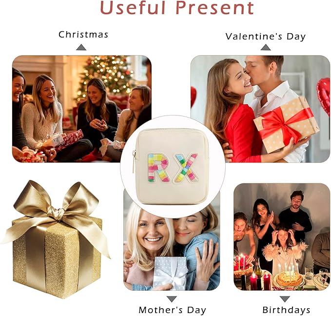 Small Nylon Rx Medicine Bag, Cute Waterproof Chenille Letter Patch Drug Makeup Bag with Metal Zipper, Pill Bag for Purse, Mini Travel First Aid Purse Organizer Machine Washable (08Beige RX)