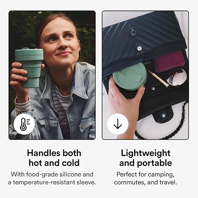 STOJO Collapsible Travel Cup - Reusable To-Go Pocket Size Silicone Bottle for Hot and Cold Drinks - Perfect for Camping - Microwave & Dishwasher Safe (Eucalyptus, 12 Ounce (Pack of 1) - No Straw)